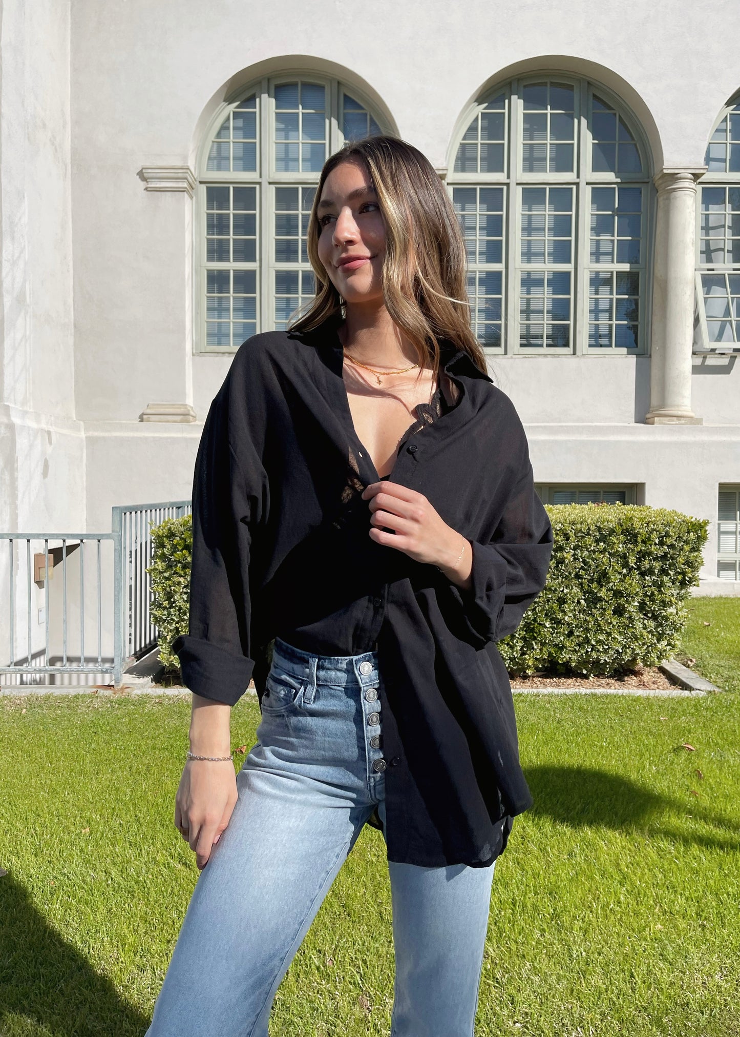 Free Falling Button-Down Top in Black
