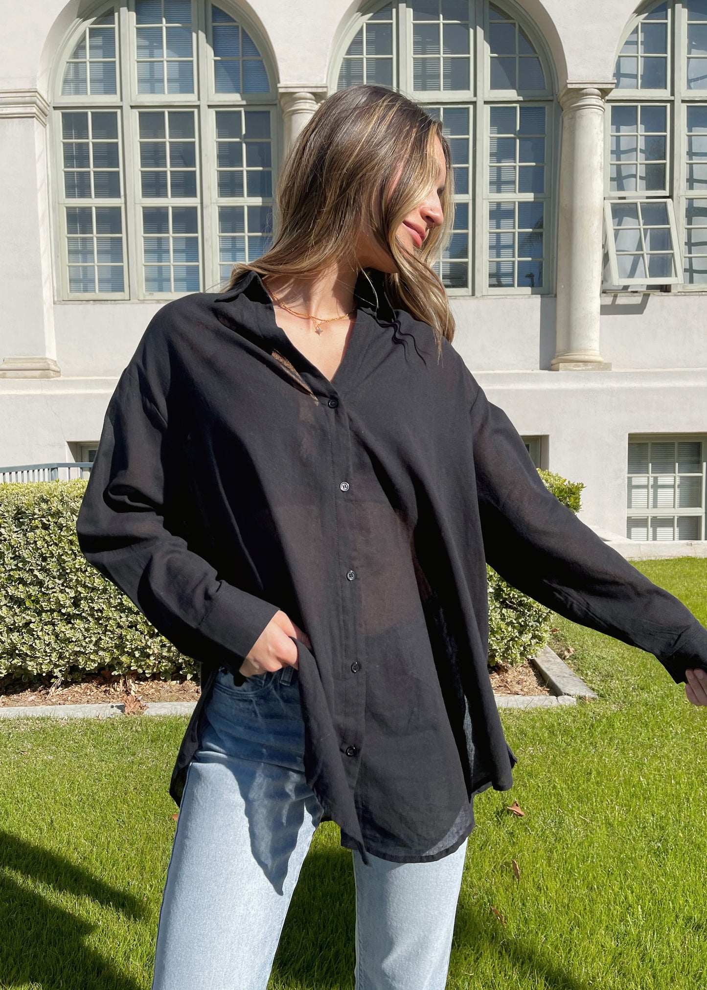 Free Falling Button-Down Top in Black